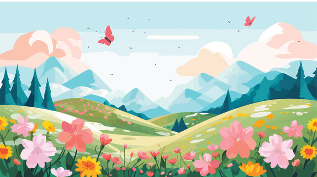 Spring background with hills and flowers flat vector © Blue