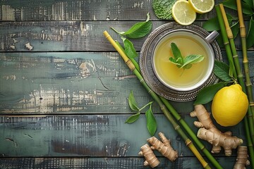 Cup of green tea with ginger mint and lemon on wooden table with leaves, metal teapot and bamboo...
