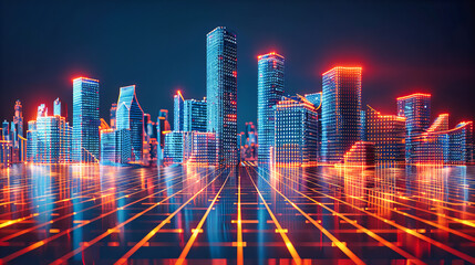 Future City Digital Network, Futuristic Technology and Urban Skyline, Connected Architecture and Neon Illumination
