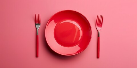 Red Plate With Fork and Knife on Pink Background healthy food concept flat-lay. Generative AI - obrazy, fototapety, plakaty
