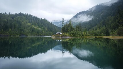 Mountain Lake Reflection with Evergreen Forest