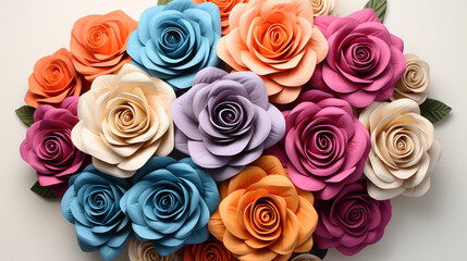 A captivating arrangement of multicolored roses, each petal displaying a unique shade, set against a minimalist background - obrazy, fototapety, plakaty