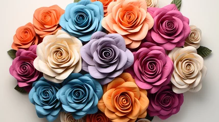 Wandaufkleber A captivating arrangement of multicolored roses, each petal displaying a unique shade, set against a minimalist background © HASHMAT
