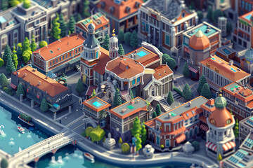 Isometric steampunk city in dark academia color tone