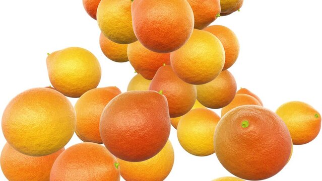 Realistic 3D animation of the fresh ripe organic pomelos falling to invisible surface rendered in UHD with alpha matte