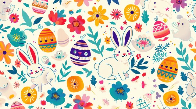Easter pattern background of eggs, flowers and bunnies