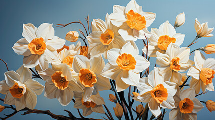 An enchanting cluster of daffodils, their cheerful yellow blossoms standing out against a calm and...