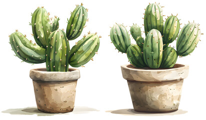 Cactuses in a pot, watercolor style, PNG. drawing element