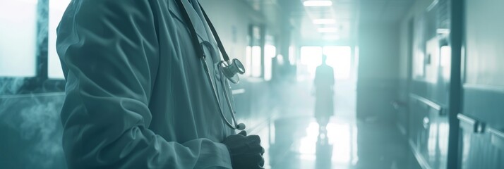 Naklejka premium Unrecognizable Doctor Man With Stethoscope In Hospital, banner with copy space, close-up
