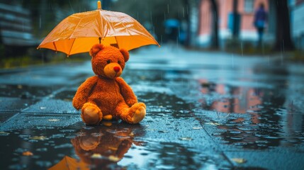 Sad, lonely teddy bear under an umbrella on a wet sidewalk, reflection in puddles, rainy day, solitude. - obrazy, fototapety, plakaty