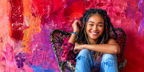 Creative urban art setting with a delighted young woman, her style blending seamlessly with the vivid abstract painting backdrop.