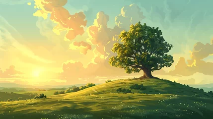 Tuinposter Introducing our latest generative AI illustration: a majestic stand-alone tree perched atop a rolling hill, of the setting sun. This panoramic landscape attractive look © Rao