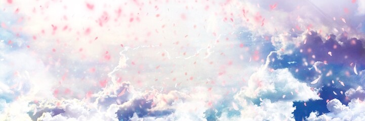 朝日が輝く雲海の中を桜吹雪が舞う背景ワイドサイズイラスト	 - obrazy, fototapety, plakaty
