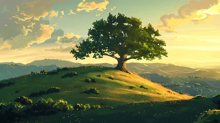 Rolgordijnen Introducing our latest generative AI illustration: a majestic stand-alone tree perched atop a rolling hill, .  attractive look © Rao