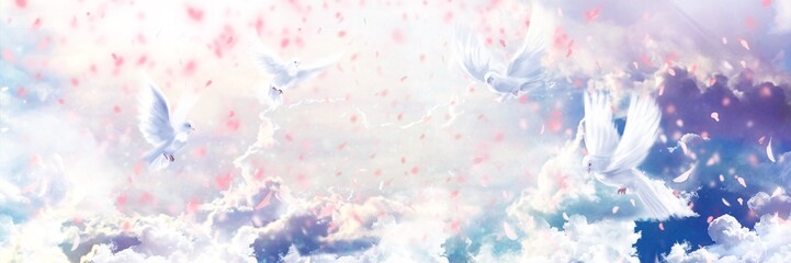 白い鳩と桜の花びらが舞う天国のファンタジー背景ワイドサイズイラスト