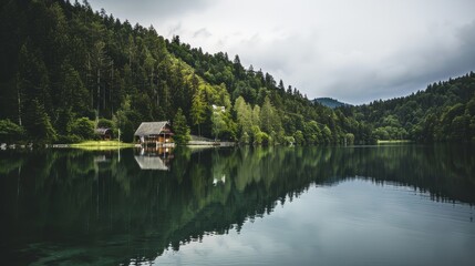 Fototapeta premium Mountain Lake Reflection with Evergreen Forest
