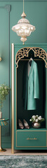 Fototapeta na wymiar 3d illustration of a green wardrobe with golden elements in an art deco style