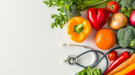 Healthy food,fruits,vegetable , stethoscope and red heart on white background for the health concept