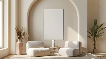 Modern Living Room Wall Poster Mockup: Stunning 3D Render of an Elegant and Sophisticated Interior Design