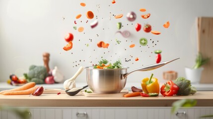 Healthy vegetarian eating and cooking with various flying chopped vegetables ingredients, cooking pot and spoon at wooden table desk , - obrazy, fototapety, plakaty