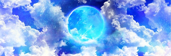 Fantasy background illustration of starry cloud night sky and blue full moon