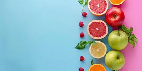 Assorted Fruits on Blue and Pink Background healthy food concept flat-lay. Generative AI