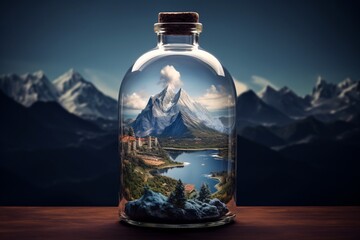 a glass bottle with a landscape inside - obrazy, fototapety, plakaty
