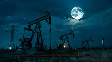 Oil Pump Jack in Action: A Majestic Scene of Industrial Might Under the Vast Expanses of a Star-Studded Night Sky