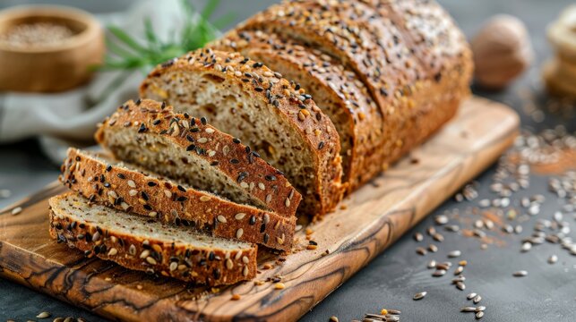 Multi grain sourdough bread with flax seeds cut on a wooden board,