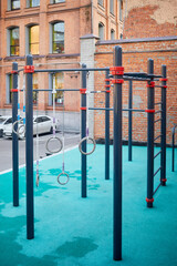 Outdoor assembled sports ground near business centre.