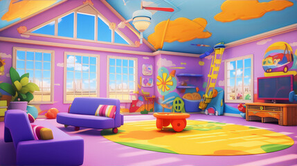 A colorful and vibrant living room with a purple sofa, pink walls, and a blue ceiling decorated with clouds. - obrazy, fototapety, plakaty