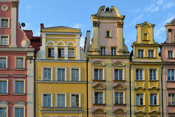 Colorful tenement houses in Wroclaw, Poland. Tenements facades at the Old Town of Wroclaw