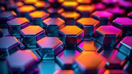 Fototapeta premium Tactile surface of hexagons, each emitting a different hue, symbolizing diversity and specialization within tech ecosystems