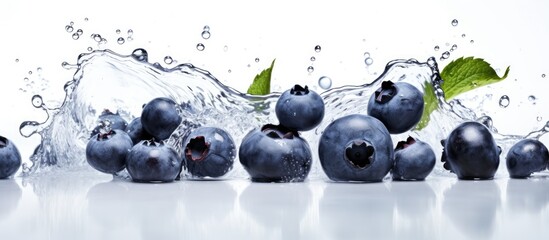 Blueberries, a fruit from the plant genus Vaccinium, are splashing in water on a white surface....