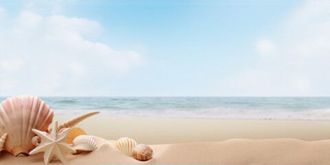 Fototapeta na wymiar Shells and starfish on beach sand with blurred ocean and sky in background