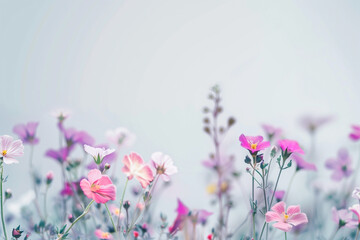Colorful beautiful flowers in minimalist copy space pastel blue background, abstract flower wallpaper concept, Beautiful flowers with empty space for text, Set of colorful flowers on clean background