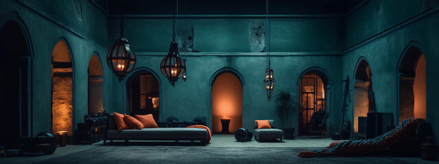 Blue-green room interior with a sofa, plants, and lanterns in a middle-eastern style. - obrazy, fototapety, plakaty