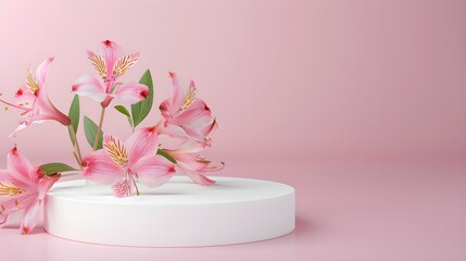 Empty white podium for your product presentation with alstroemeria flowers on the pink background