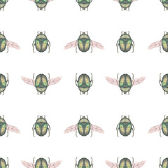 Naklejka premium Seamless pattern with green bronze beetles, hand-painted in watercolor on a white background. Close-up illustration of insects. Cetonia aurata. Template for the design of textiles, postcards, tablewar