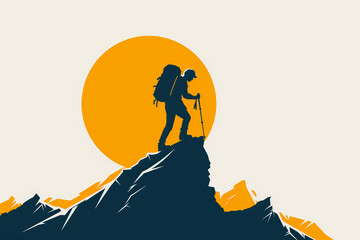 Logo of a hiker climbing a mountain at sunrise