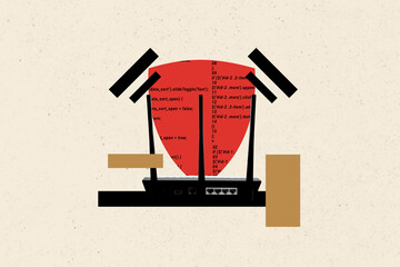Creative drawing collage picture of router wifi internet broadband red wlan wireless technology...