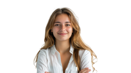 Portrait of young beautiful cute cheerful girl smiling looking at camera. PNG file of isolated cutout object on transparent background.