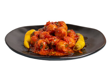 Aleppo meatballs. Appetizer dishes. Small meatballs with tomato paste isolated on white background.