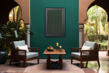 arabic style courtyard with green walls and two chairs and a table - obrazy, fototapety, plakaty