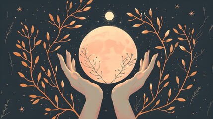 Female hands hold branches around the shimmering moon. Magic vector illustration in trendy minimal style. Mystical symbols for spiritual practices, ethnic magic, and astrological rites.