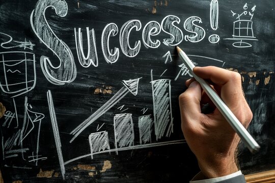 The word "Success" is written on a chalkboard with a financial graph and a hand pointing at it