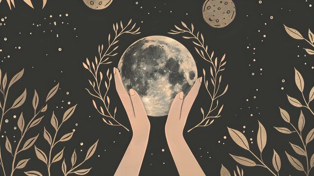Female hands hold branches around the shimmering moon. Magic vector illustration in trendy minimal style. Mystical symbols for spiritual practices, ethnic magic, and astrological rites.