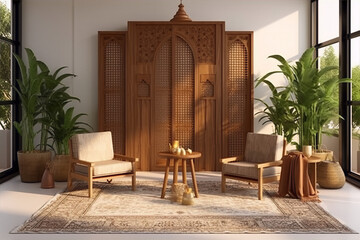 Carved wooden partition wall with intricate geometric patterns in a bright sunlit room with two chairs and a table on a brown patterned rug.