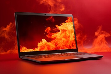 a laptop with a fire on the screen