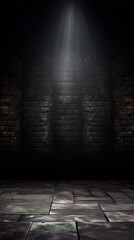 Dark empty room with stone walls and tiled floor illuminated by a single spotlight - obrazy, fototapety, plakaty